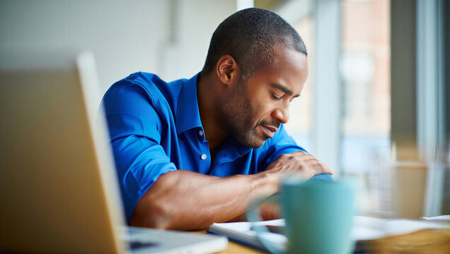 Mid-career adult learner surrendering to acute mental exhaustion over open study materials after extended screen time.
