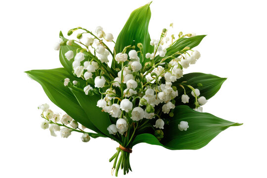 Lily of the valley bouquet with green leaves arranged together for decoration or gift on a plain background