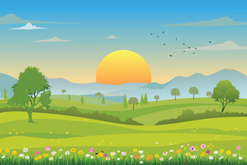 Fototapeta premium A serene landscape featuring a bright sun setting over rolling hills