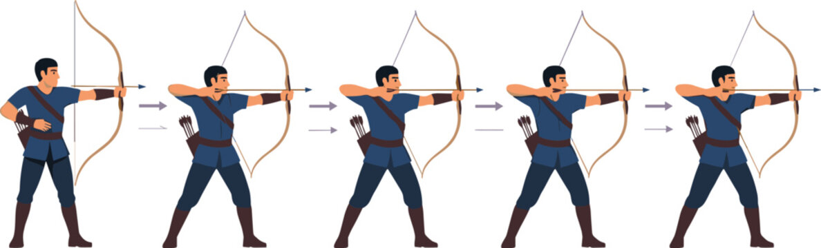 Archer shooting sequence with step by step bow draw aim release motion, archery animation frames flat vector illustration set