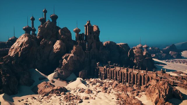 Sunlit desert fortress atop rocky plateau, sandstone towers and collapsed colonnade, sweeping dunes and jagged outcrops under deep teal sky archaeologist