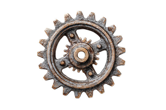 Rusty metal gear with eight teeth and a central hole placed on a plain background
