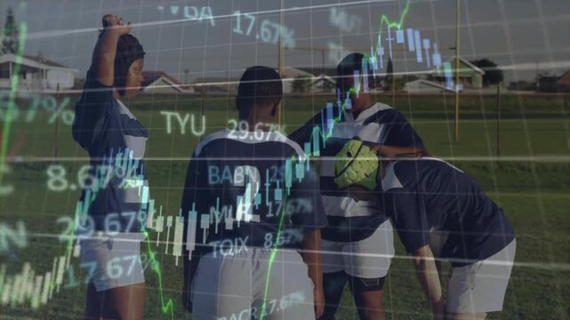 Teen girls soccer team on pitch huddling preplay, finance charts fading in then clearing overlaying