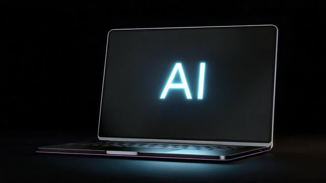 Digital intelligence: A modern laptop showcases AI in an advanced technology, on a dark background. Explore the forefront of technology with this conceptual representation of artificial intelligence.