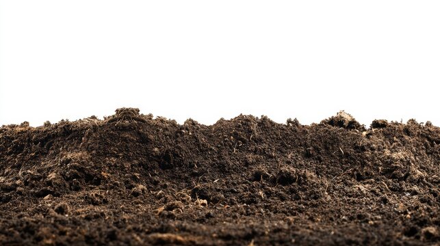 Vibrant photo of Pile of dark brown fertile soil or dirt mound, isolated on white background
