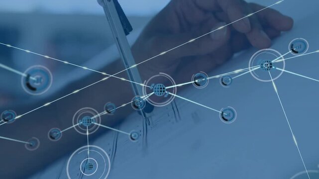 Male hand moving compass node appearing at tip showing growing tech network covering paper and hand