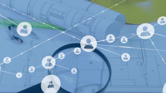 Hand moving lens over plan avatar popping near lens sparking network expansion mapping design links