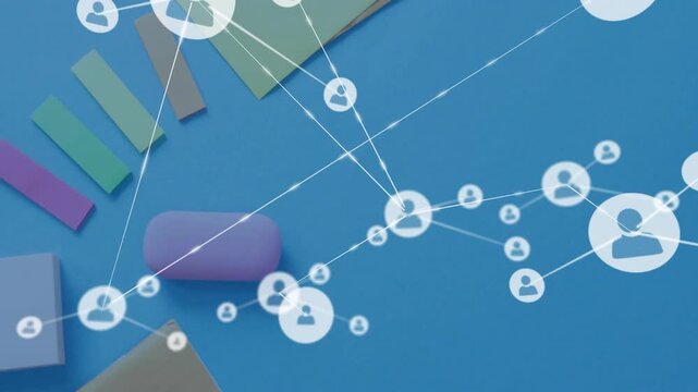 Animated network growing from single node, linking avatars over tabletop for business insight