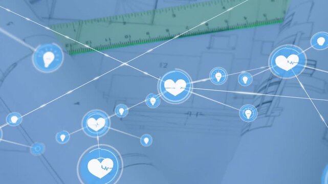 Central blue heart appearing, pulsing, spawning heart pin nodes mapping health network over plans