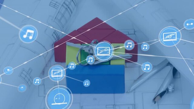 Blocks with keys on plans, single icon appearing and expanding network overlaying them for design