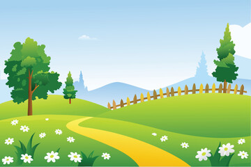 Fototapeta premium A vibrant cartoon landscape featuring rolling green hills and trees