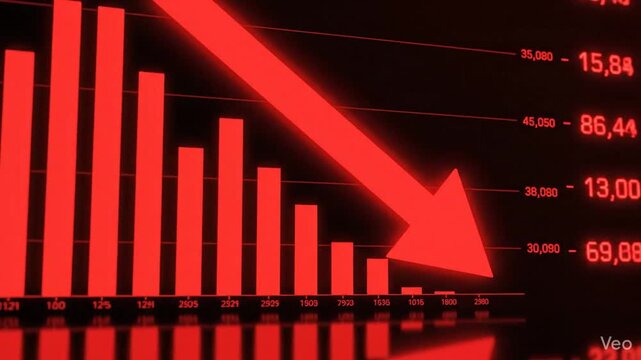Financial economic crisis concept with a red declining arrow over a falling bar graph illustrating a stock market crash, bankruptcy, and negative global business downtrend symbol in 4K resolution.