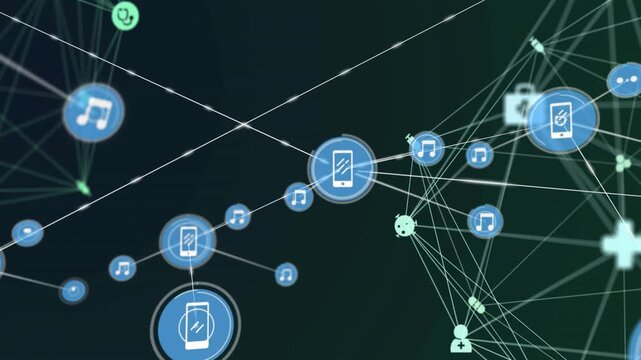 Phone node pulsing, sending links, spawning music notes into green mesh, showing music tech growth