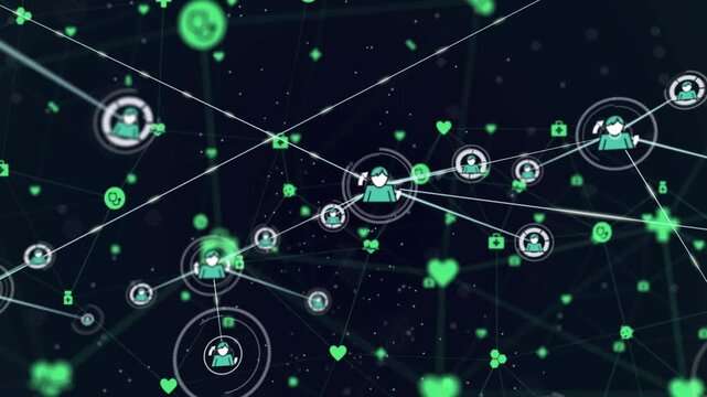 Camera moving closer and rotating, central avatar node pulsing and forming linked medical network