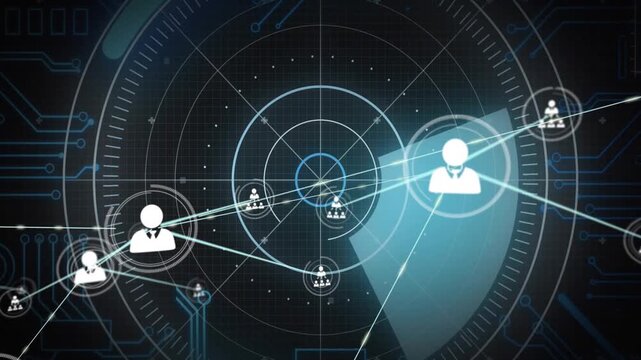 Blue sweep starting, central radar HUD rotating, user icons appearing and linking, mapping network