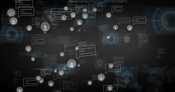 Avatars, chat bubbles spawning from edges, clustering, fading on tech HUD showing network activity