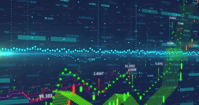Finance chart shifting cyan line into peaks after yellow ribbon then cyan sweep, showing volatility