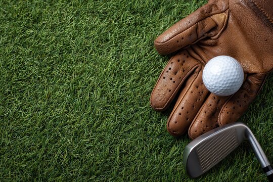 Vibrant photo of Golf ball and leather glove on green turf with club