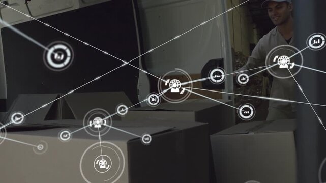 Network overlay expanding, revealing driver entering cargo van and shifting boxes for shipping