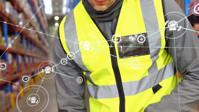 Tapping scanner, worker checking inventory for stock in aisle, yellow vest and hard hat, AR overlay