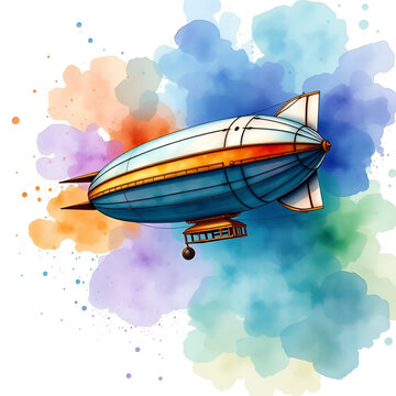 Watercolor design of a flying steampunk dirigible / blimp / air ship, against an intermixed splash of blue, purple, green and orange watercolor behind it, on a transparent background