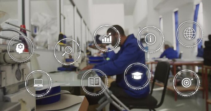 Sewing operator stitching fabric in garment shop, HUD icons appearing and updating workflow