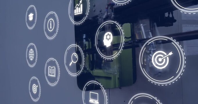 Vertical video: Camera panning, icon grid showing factory through glass and aiding technicians