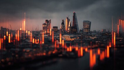 Fototapeta premium Financial District Skyline with Stock Market Candlestick Chart Overlay.