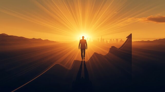 Generative AI Vibrant Sunset Scene with Human Silhouette and Skyline with Main Keywords