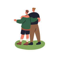 Best friends hugging, from behind. Male couple embracing, standing and looking together. Young men outdoors. Companionship and friendship. Flat vector illustration isolated on white background