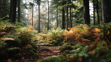 Fototapeta premium Quiet forest floor blanketed with dense ferns in warm autumn tones, soft natural light creating a peaceful woodland atmosphere and rich organic textures.