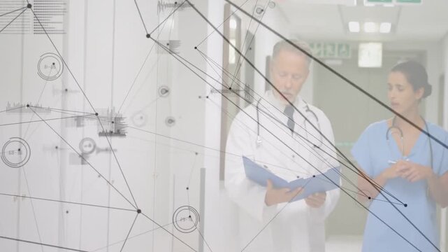 nurse urging doctor reading blue folder while walking hall discussing case overlay crossing faces