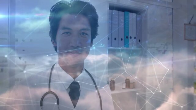 On clip start doctor standing, cloud network overlay drifting, showing stethoscope and medical data