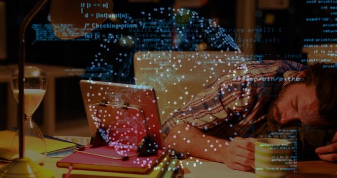Programmer leaning at desk, working late on code, overlay globe rotating while falling asleep