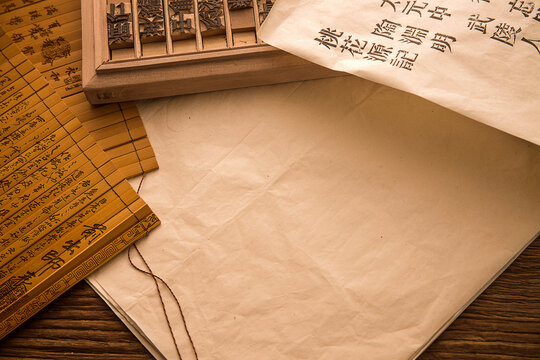Chinese Wooden Printing Blocks with Engravings and Rice Paper Documents