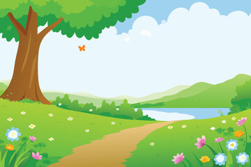 Fototapeta premium A vibrant cartoon landscape featuring a tree path and lake
