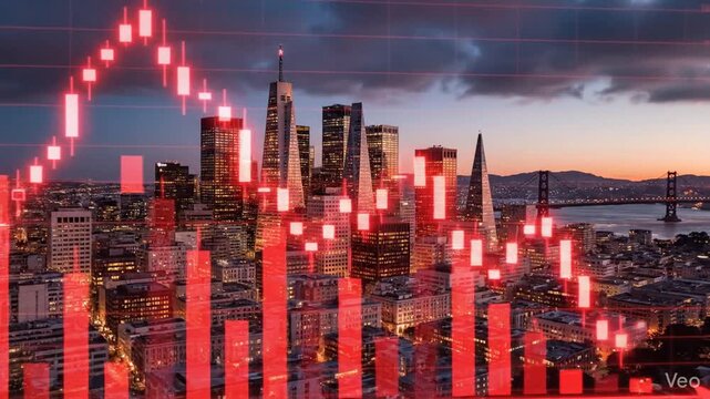 San Francisco city skyline overlay with a bearish red financial graph illustrating a mortgage market collapse, property value decline, and urban economic crisis impact during a fiscal recession.