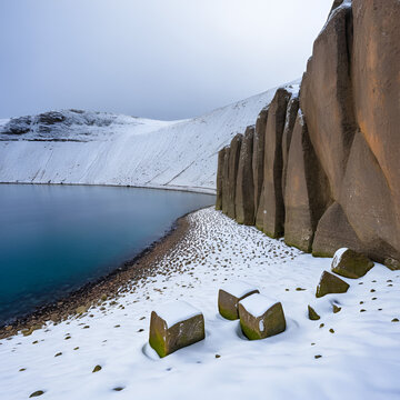 Boulder cubes under the cliffs with snow