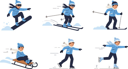 Fototapeta premium Winter Sports Activities Cartoon Vector Set with Skiing Snowboarding Ice Skating and Sledding Characters Outdoor Snow Fun Illustration Collection