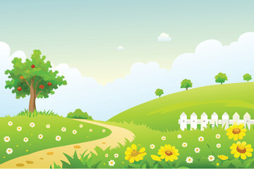Naklejka premium A vibrant cartoon landscape with a winding path and apple tree