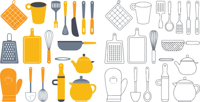 Set of colorful and black and white kitchen utensils cooking tools flat vector illustration collection isolated on white background
