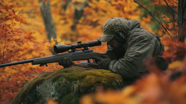 A hunter in outdoor gear aims a scoped rifle while positioned in a forest during autumn, wilderness activity.