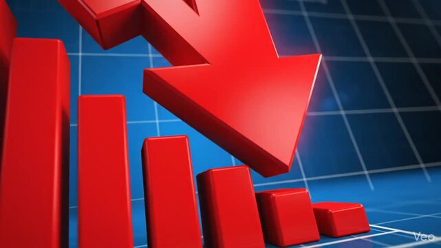 Financial stock market chart featuring a prominent red downward arrow on a blue digital background symbolizing economic recession, business loss, and declining profit trend in global trade.