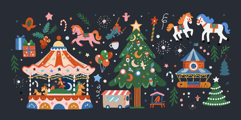 Festive christmas scene featuring a carousel trees and playful horses © ShambhuNath