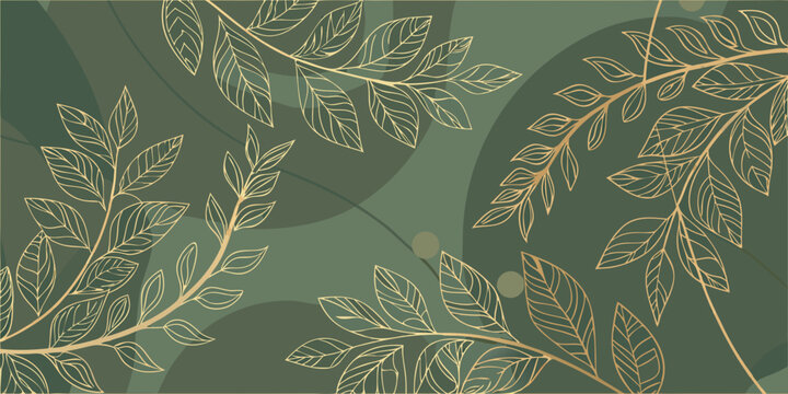 Elegant botanical pattern with golden leaves against a dark green background