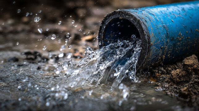 Close-up of a metal drainpipe releasing flowing water, capturing texture, motion, and urban drainage detail in natural light.