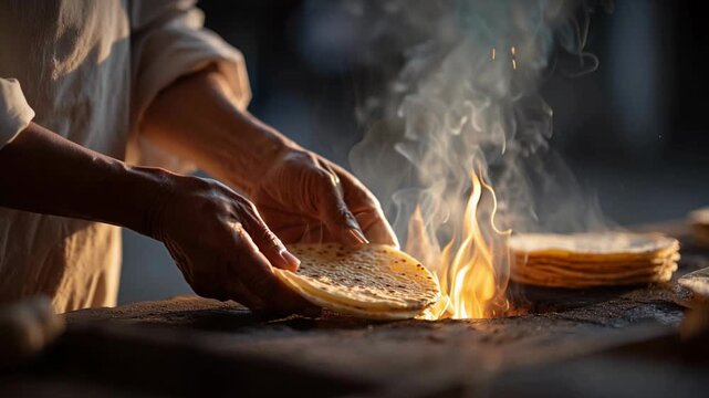 A skilled artisan expertly grills a stack of tortillas over an open flame, the warm glow of the fire illuminating the scene, creating a culinary masterpiece.