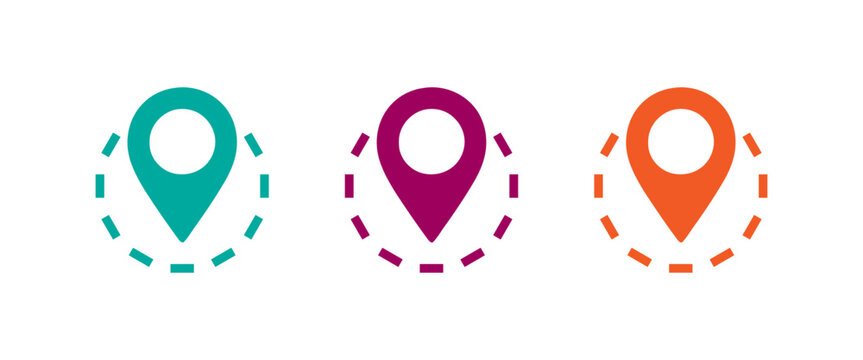 Colorful location pin icons with dashed circles around them
