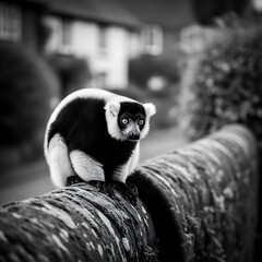 Obraz premium Urban Anomaly: Black & White Lemur on a Brick Ledge