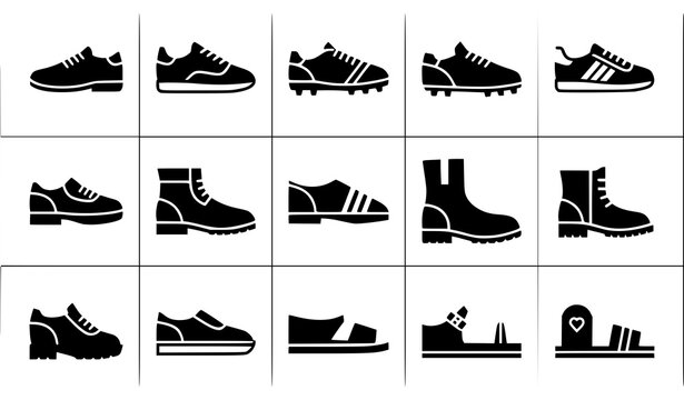 Grid-ready shoe silhouette icon pack with sneakers, boots, sandals, and slippers for pattern design in black vector